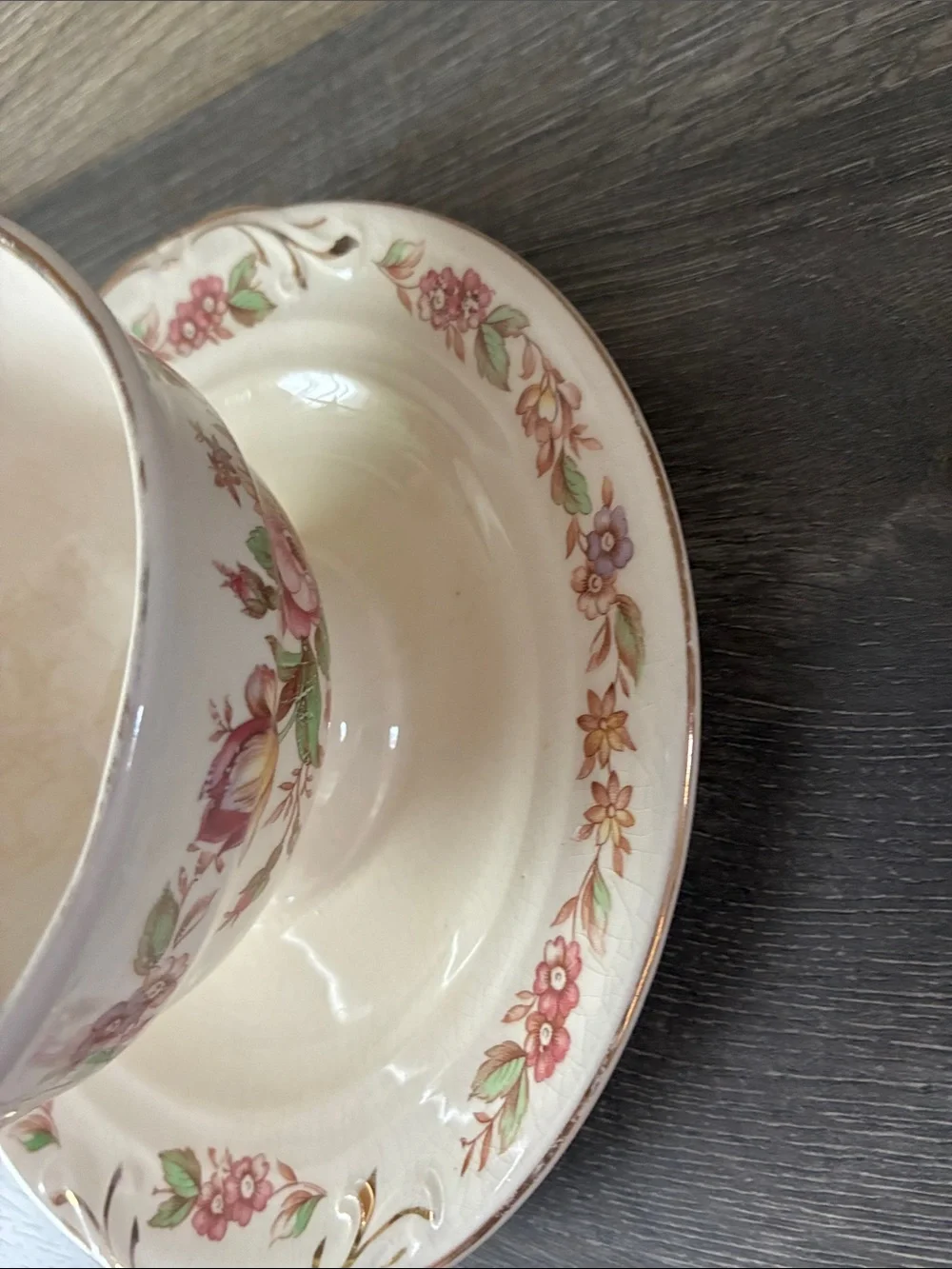 Crown Potteries Co. Floral Gravy Boat with attached Underplate Made in USA